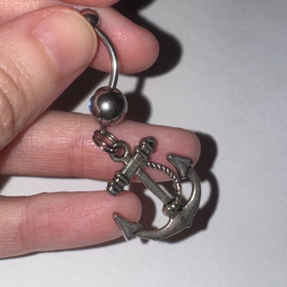Large Anchor with Rope and Light Blue Gem Dangle Belly Ring - Picture 8 of 16